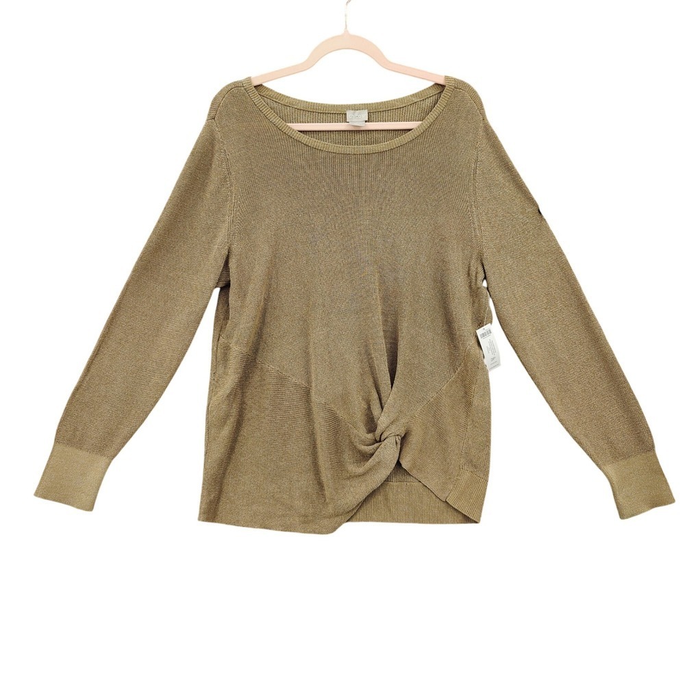 Chicos Womens 3P XL Petite Gold Metallic Twist Front Pullover Sweater Heavy NEW